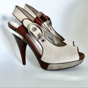 NEW Dolce & Gabbana Canvas Wooden Platform Open Toe Slingback EU 37 MSRP $795